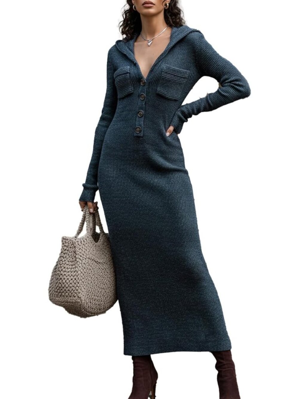 Navy Slim-Fit Hooded Maxi Sweater Dress with V-Neck, Buttons & Pockets - Casual